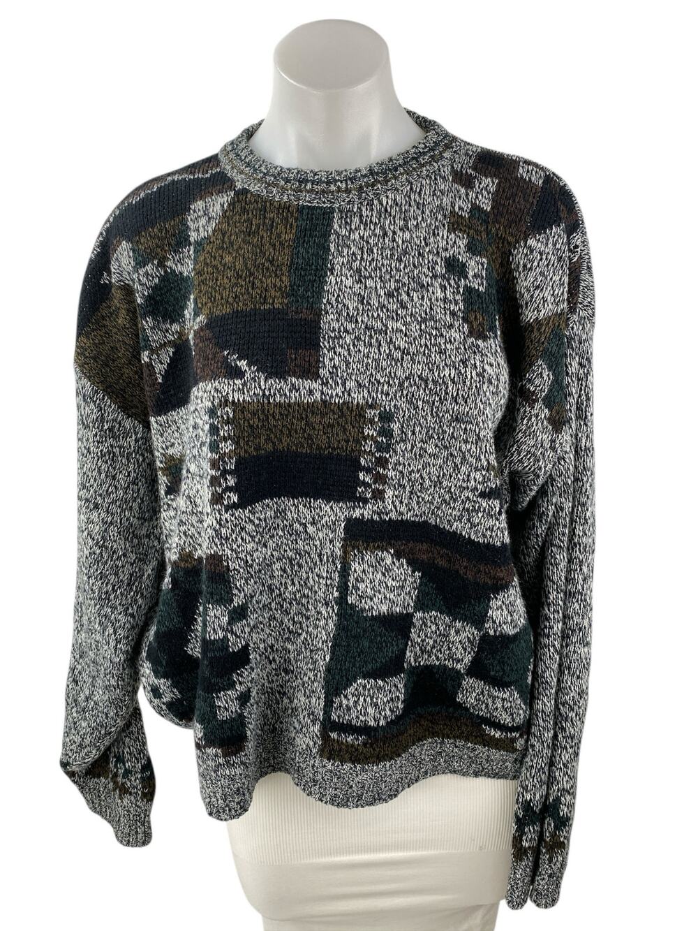 Michael Gerald Womens Gray Geometric Crewneck Long Sleeve Knit Sweater Top Sz L